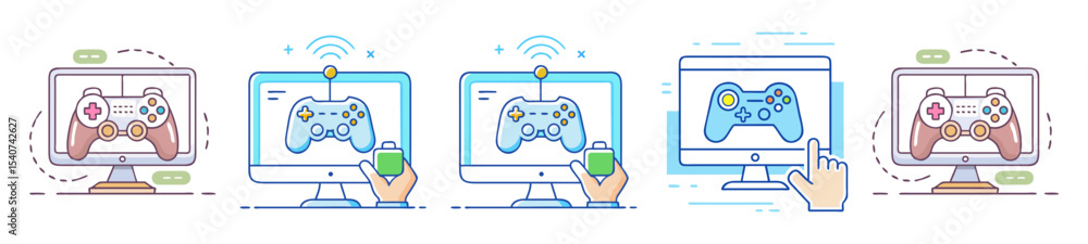 Poster illustrations of computer game controllers and modern gaming concepts with wireless connectivity