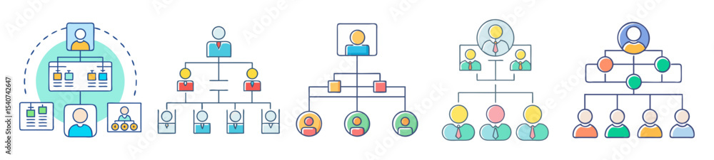 Poster illustration depicting various hierarchical organizational chart structures and designs variations