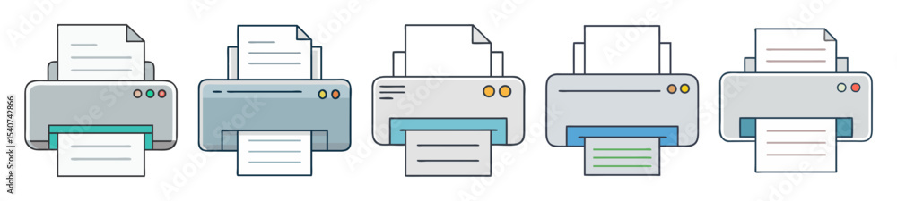 Poster illustrations of office printers showing paper output with different color schemes