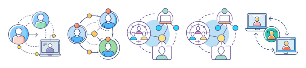 Illustrations depicting digital networking, team communication, collaboration, and online meetings with laptops