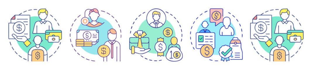 Diverse income streams and financial prosperity icon set for various applications