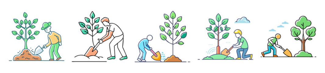 Illustrations depicting planting trees, representing environmental conservation and sustainable practices