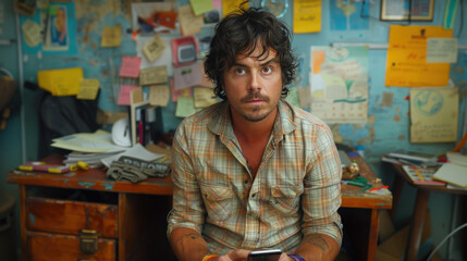 A clean-shaven man in his thirties with dark hair sits beside an office desk, scrolling on his phone with a curious, focused look, immersed in what he’s viewing...