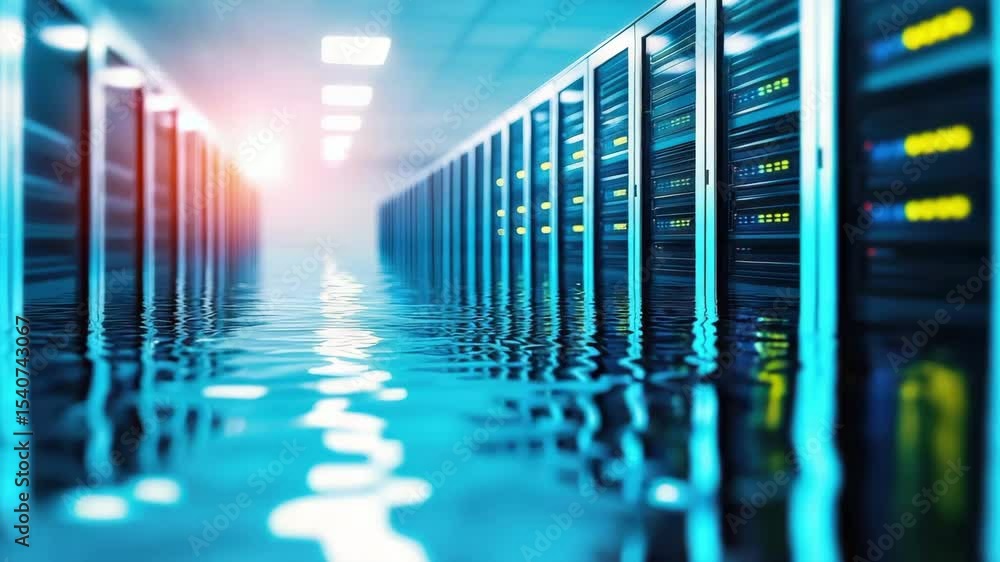 Poster a flooded data center with server racks illuminated by dramatic lighting.