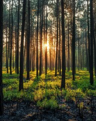 Fototapeta premium Sunlight filtering through a dense pine forest at sunrise with lush green undergrowth