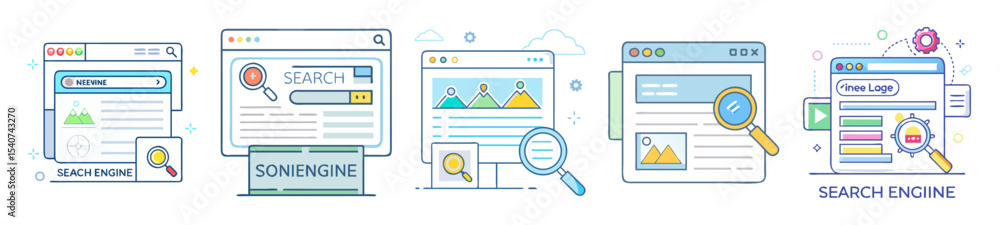 Poster illustrations of search engine user interfaces with various designs and layouts