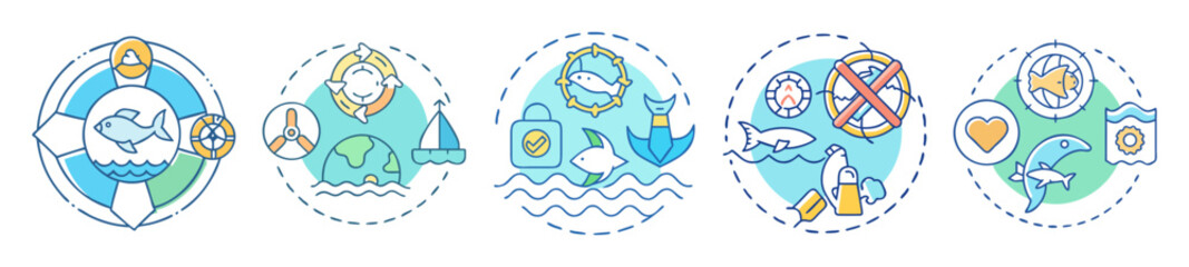 Icons promoting sustainable ocean conservation practices and ocean protection measures