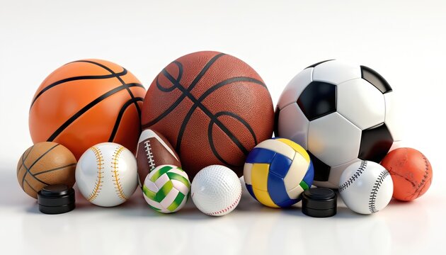 Set various sport balls isolated white. Soccer, football, basketball, baseball, rugby, volleyball balls. Hockey puck, golf ball also shown. Diverse collection of athletic equipment for sports
