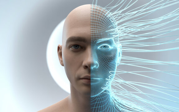 Digital self-portrait: A conceptual artwork that delves into the intricacies of human consciousness and technological advancements, showcasing a half-human, half-digital depiction.