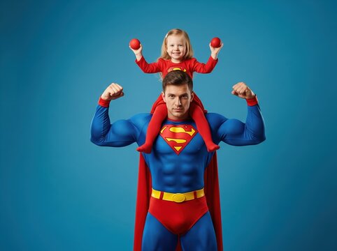 Playful Father-Daughter Duo Strike Hero Poses in Colorful Outfits Expressing Energy, Safety, and Love Through Superhuman Imagery - Powered by Adobe