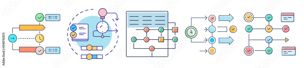 Poster diverse illustration of workflow diagrams with elements of time, tasks and scheduling