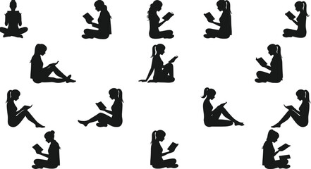 Extensive Collection of Female Silhouettes Reading Books in Various Relaxed Poses, Perfect for Education, Literacy, and Peaceful Leisure Themes