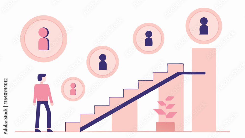 Poster man climbing stairs towards people icons and bar graph in a light pink and purple color scheme desig