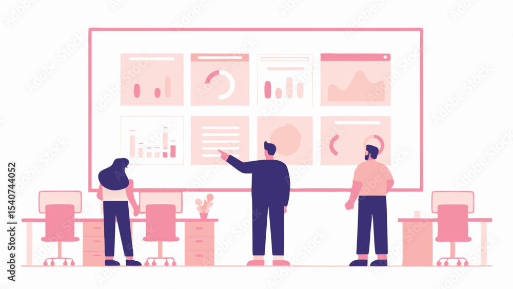 Poster people analyzing data dashboards on a large screen in an office with desks and chairs in a light roo