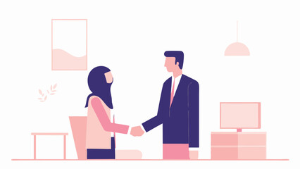 Obraz premium Illustration of a muslim woman and a man shaking hands in an office with a desk and a computer screen