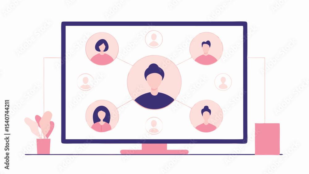 Poster a computer screen displays a network of connected people in a virtual meeting or conference call set