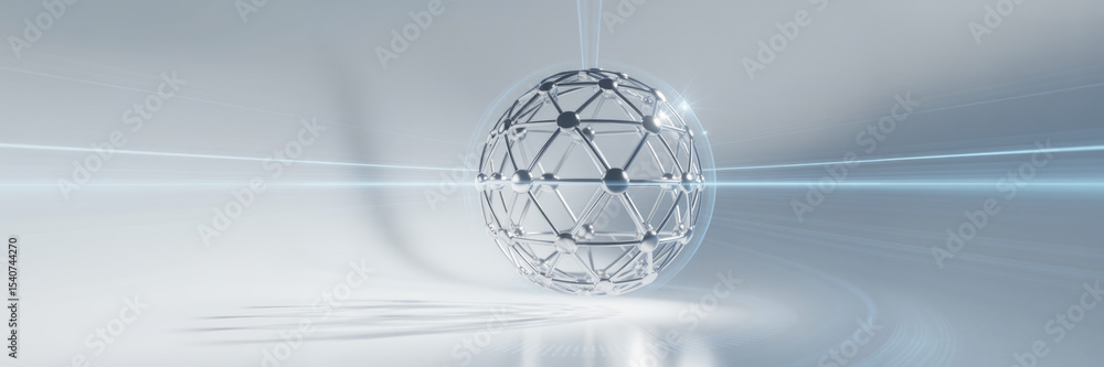Poster global network: a futuristic, transparent sphere with interconnected nodes floats effortlessly again