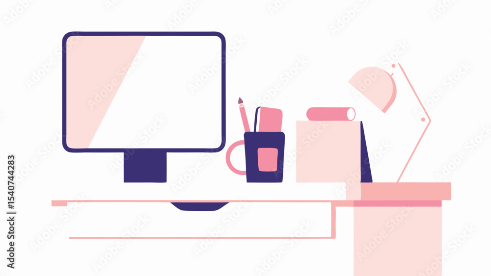 Poster a simple desk setup with a computer monitor, pen holder, lamp and a few other desk accessories