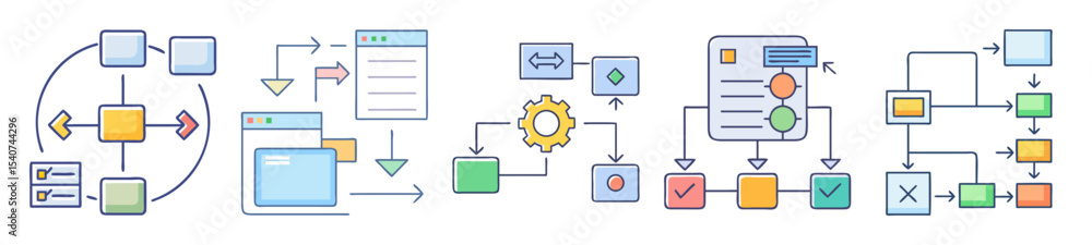 Poster flowchart illustrations depicting business processes and workflows with colorful diagrams and arrows