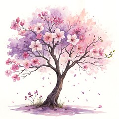 Fototapeta premium Watercolor painting of a blooming pink tree isolated on white background