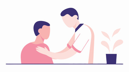 A doctor consoling a patient with a hand on their shoulder in a comforting and supportive gesture here