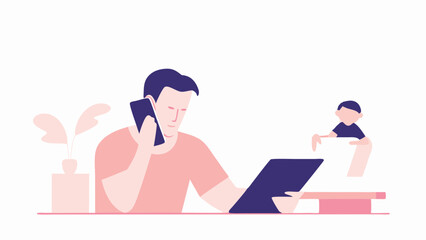 Illustration of a man on a phone call with a tablet and a child in the background, working from home set up