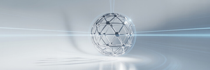 Global Network: A futuristic, transparent sphere with interconnected nodes floats effortlessly against a modern, sleek background, symbolizing global networks and digital connectivity.