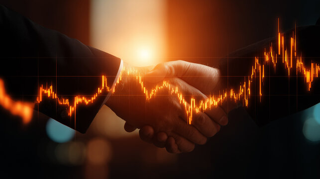 Two businessmen shaking hands with a bright orange stock market graph connecting them, symbolizing a successful financial agreement