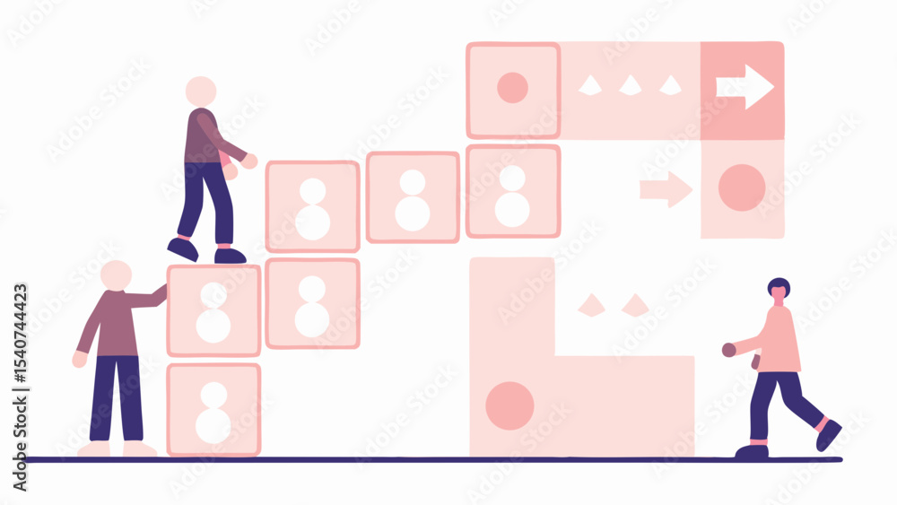 Poster people climbing blocks with faces and arrow icons representing progress and teamwork in light colors