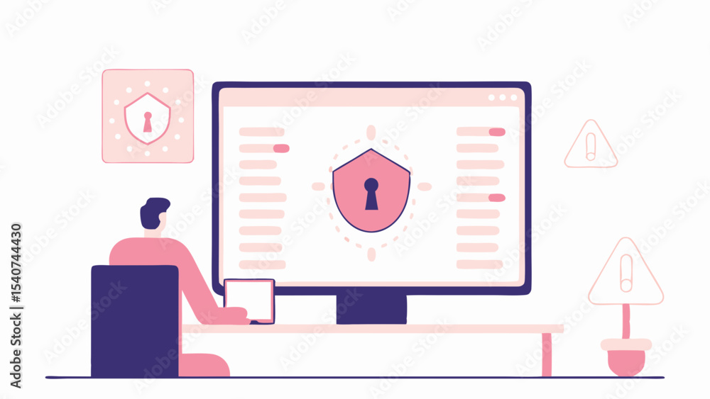 Poster illustration of a person sitting at a computer with a security shield on the screen and alert icons 