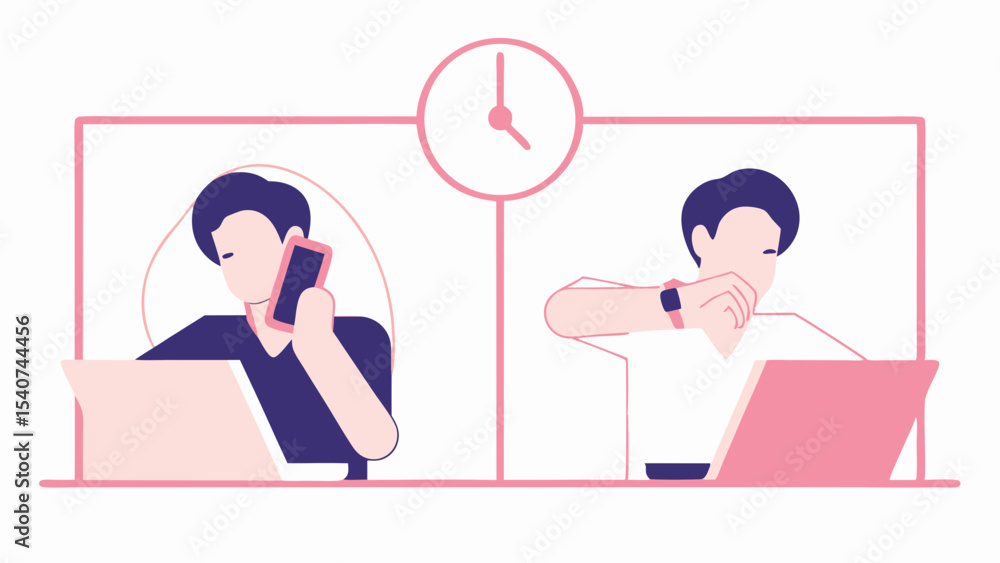 Poster two people working remotely with laptops and a clock in between them in a pink and purple theme