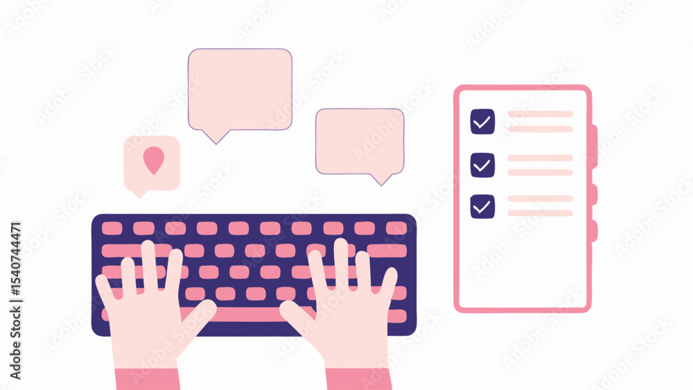 Poster illustration of hands typing on a keyboard with speech bubbles and a checklist on the right side