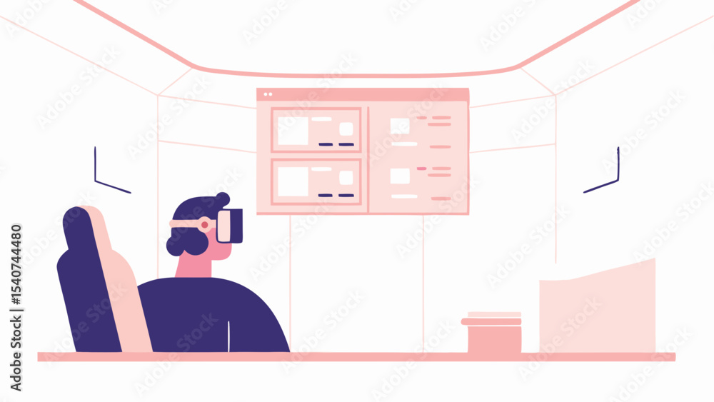 Poster person in vr headset sitting in chair in a room with a screen displaying content and desk in front o