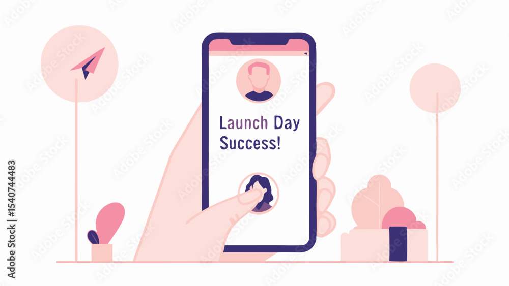 Poster hand holding phone with launch day success message and profile icons displayed on the screen app
