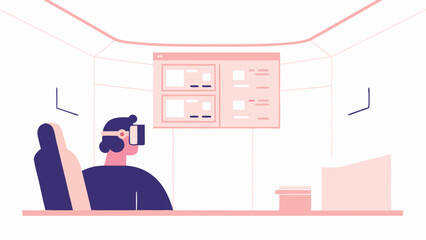 Fototapeta premium Person in vr headset sitting in chair in a room with a screen displaying content and desk in front of them