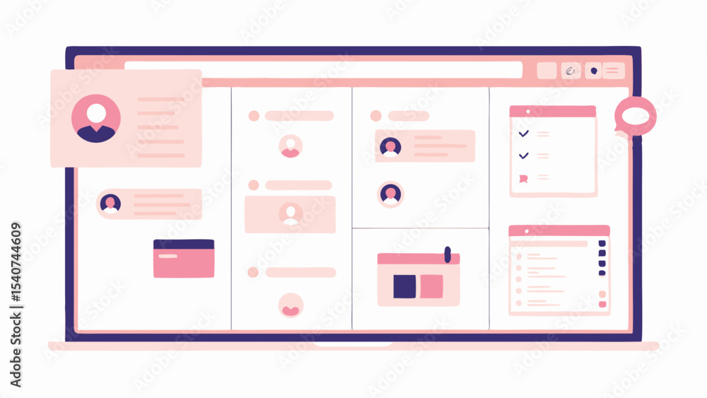 Aufkleber illustration of a laptop screen displaying user interfaces and communication elements online design