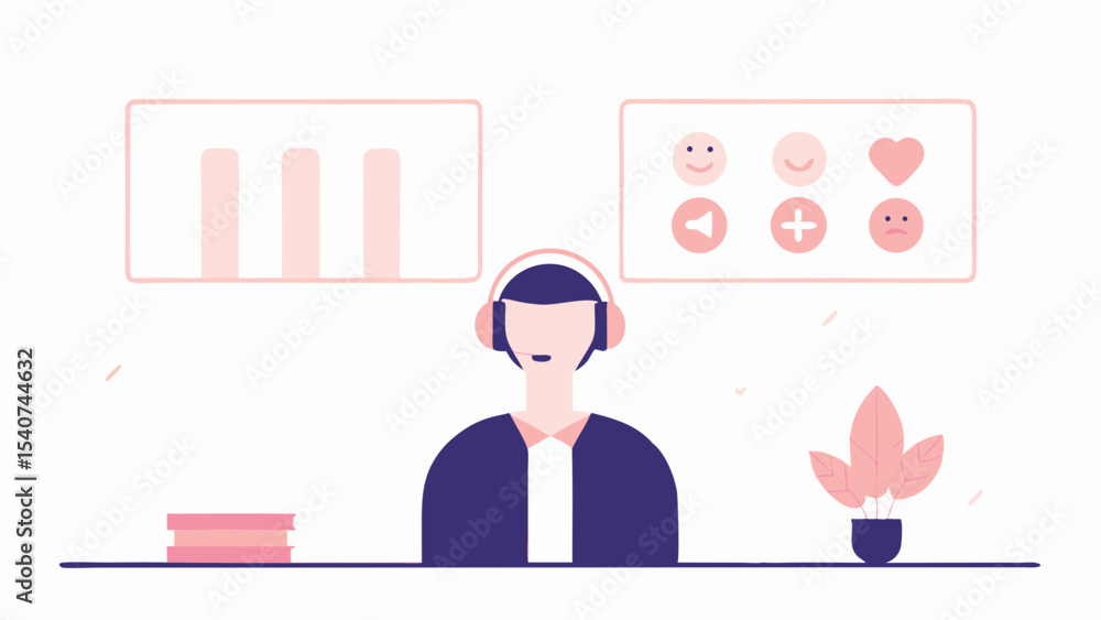 Poster illustration of a customer service representative with charts and icons in a minimalist style design