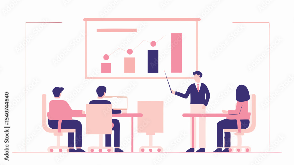 Poster presentation of business growth and strategy in a meeting with a presenter and three attendees