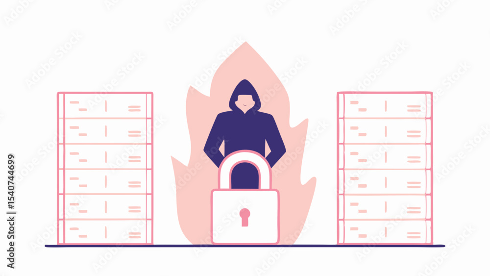 Poster hacker with hoodie behind a padlock between two servers with fire in the background illustration