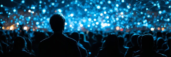 A captivated crowd immerses in the spectacle of light and wonder with connected dots with a dark and