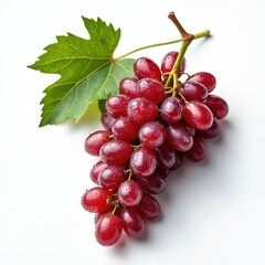 Fototapeta premium Fresh red grapes bunch isolated white background. Juicy, ripe berries, green leaf on vine branch. Healthy organic food, dessert. Perfect for wine production, vegetarian, diet. Summer harvest.