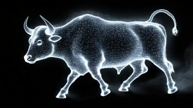 Glowing Bull with 3D Render, Dark Background, and Animal.