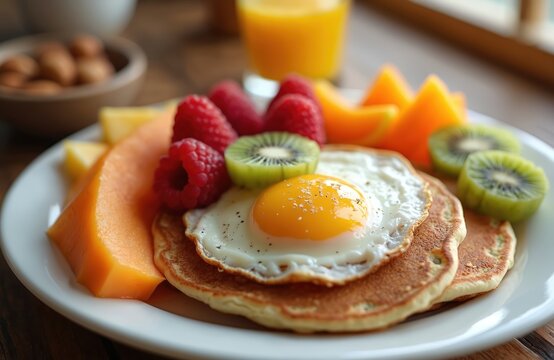 Delicious breakfast with pancakes egg fresh fruits. Pancakes with fried egg on top. Fresh raspberries kiwi cantaloupe orange juice are on white plate. Healthy eating food. - Powered by Adobe