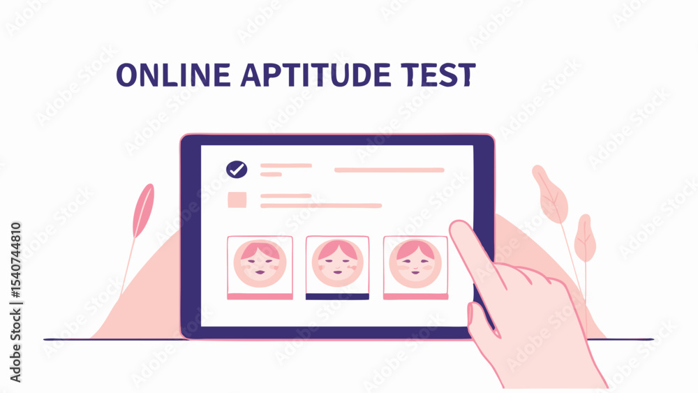 Aufkleber online aptitude test displayed on a tablet with a hand touching the screen and selection options ava