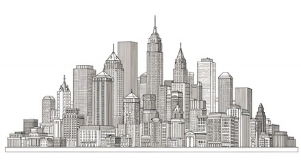 Fototapeta premium Cityscape illustration with skyscrapers and architectural details in monochrome