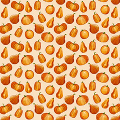 Seamless pattern pumpkins for autumn harvest, Halloween, and Thanksgiving design. For greeting cards, posters, flyers, banners for fall festivals and farmers’ markets, packaging, textile design