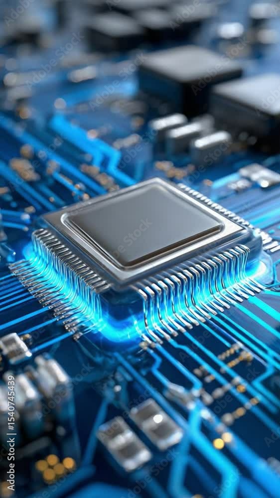 Poster quantum circuit: an image showcases the intricate design of a high-tech circuit board with glowing p