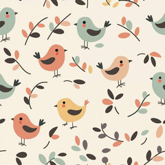 Fototapeta premium Adorable Birds and Branches Seamless Pattern Pastel Colors, Cute Illustration