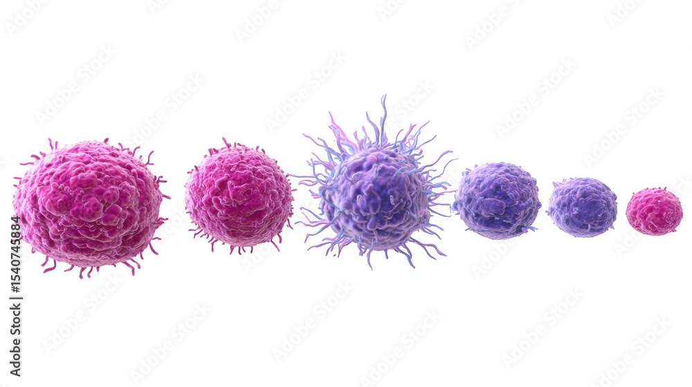 Poster stem cells are differentiating and growing, showing different stages of development, with transparen