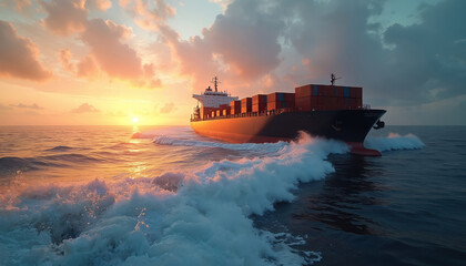 Modern cargo ship sails ocean waves at sunset. Marine transport scene. Digital innovation. Serene environment. Wide angle view. Futuristic concept. Global shipping, logistic efficiency, trade